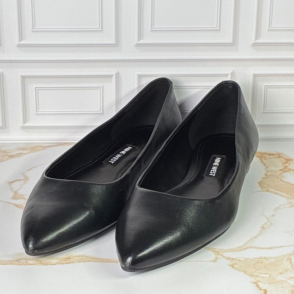 Nine West Wynona Black Leather Pointed Toe Flats Shoes Womens 5M        (NWB)